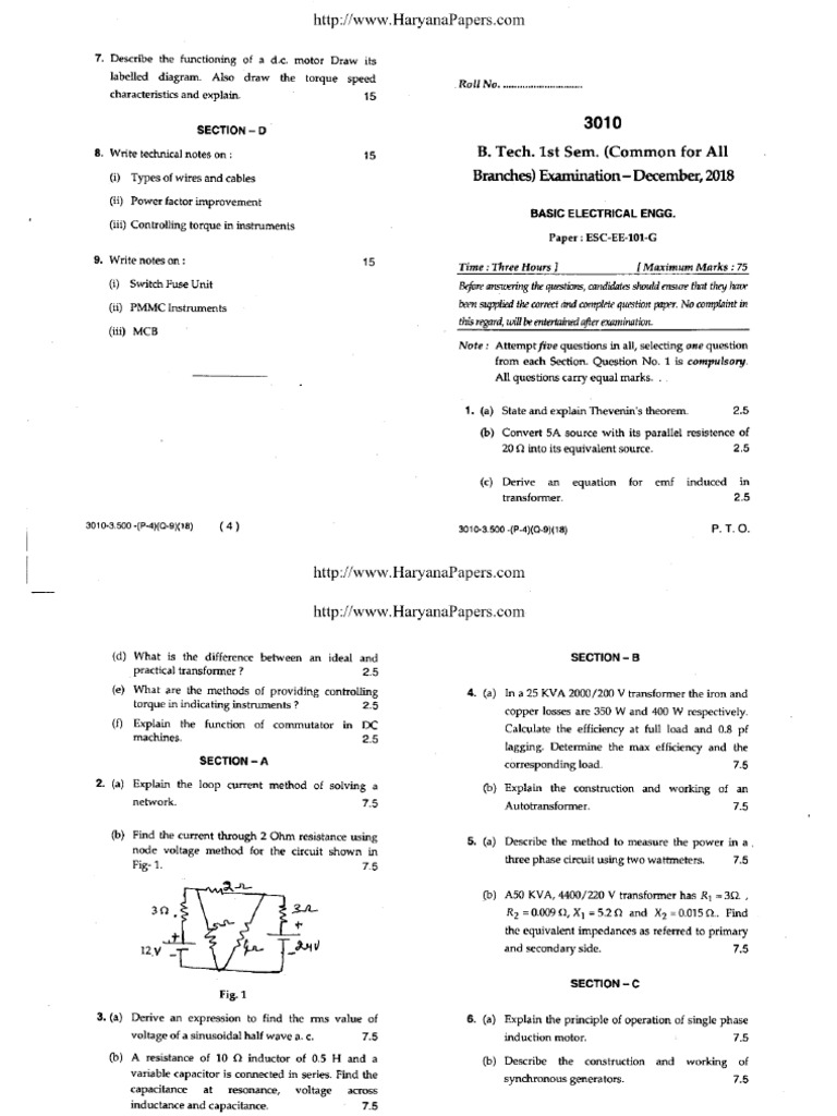 Btech 1 Sem Bee3010 Dec 2018 | PDF