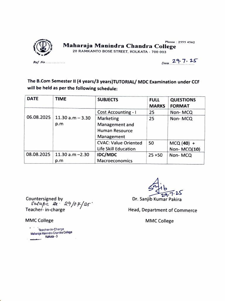 B.Com Semester II Exam Schedule 2025 | PDF