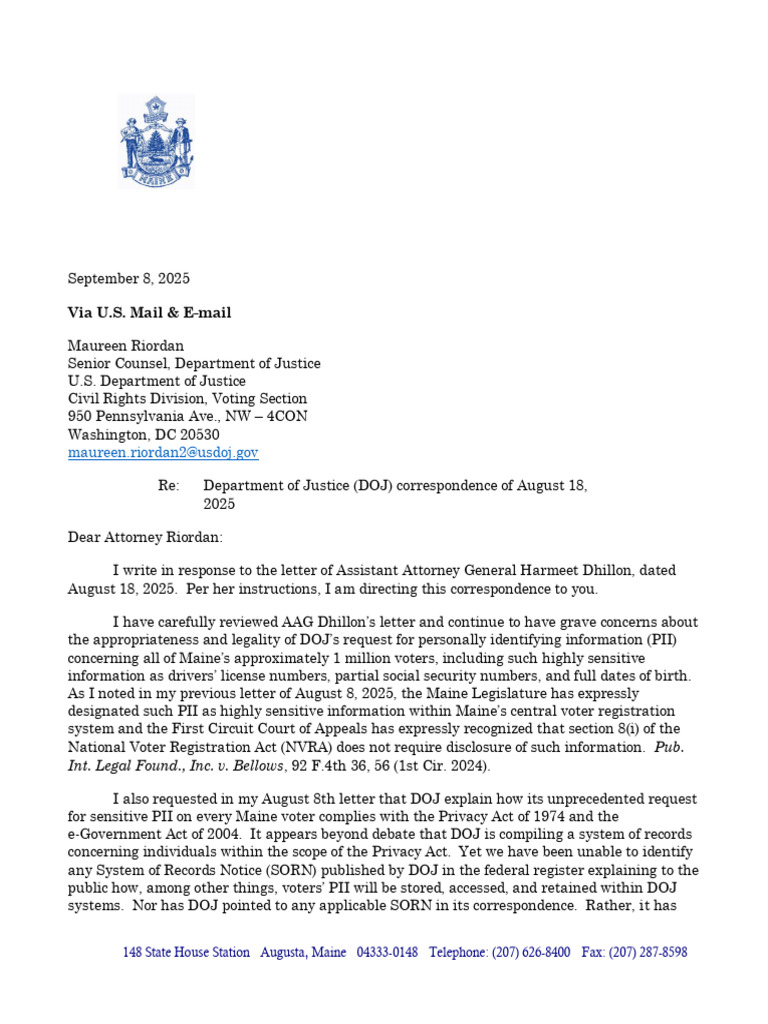 Maine Secretary of State Response Letter To DOJ | PDF | United States ...