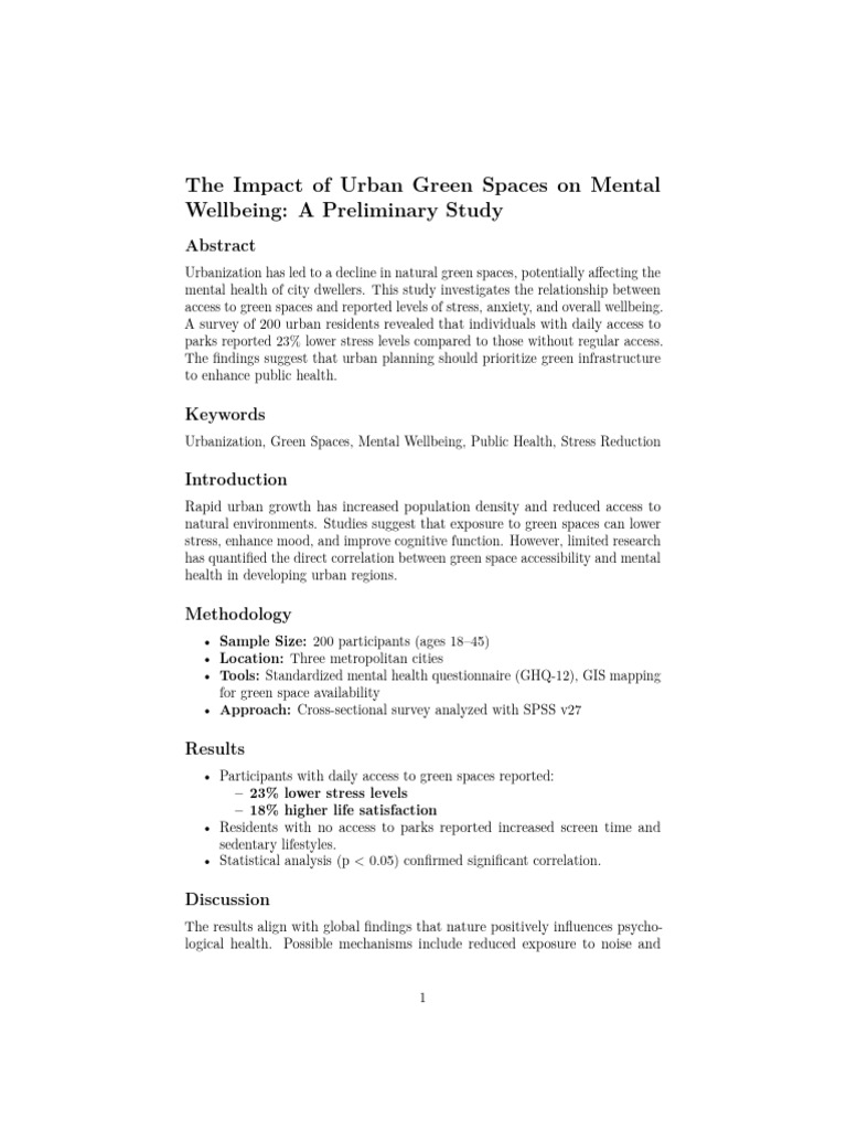The Impact of Urban Green Spaces On Mental Wellbeing: A Preliminary ...