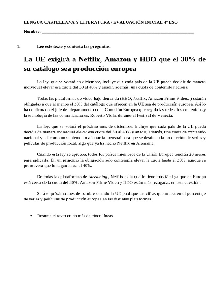Evaluación Inicial 4 Diver Ámbito Lingüístico | PDF | Netflix