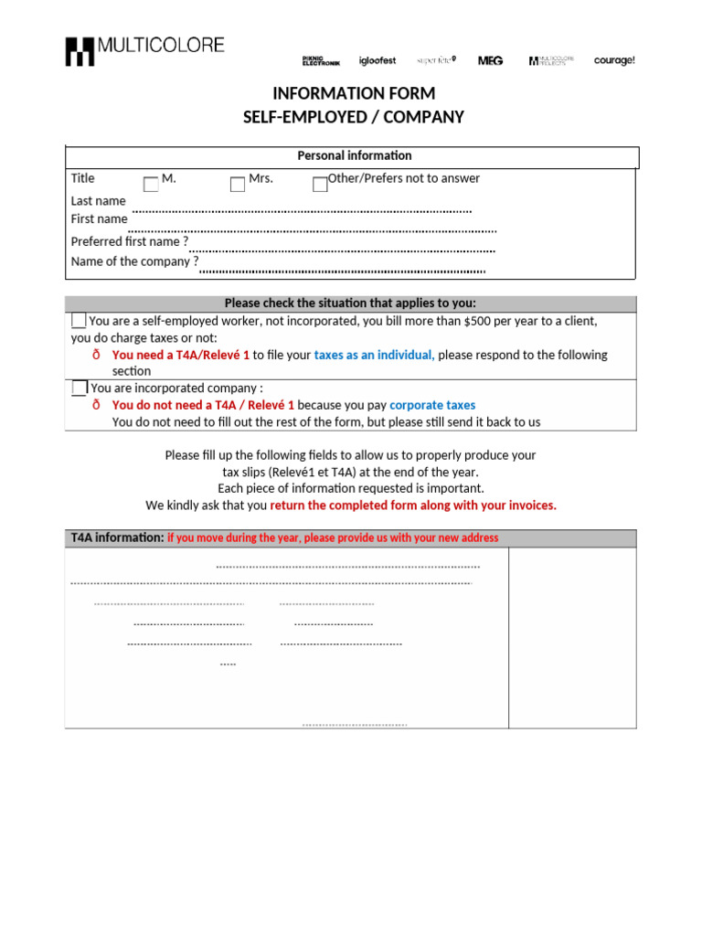 Information Form - Self-Employed or Company - 2025-01 | PDF