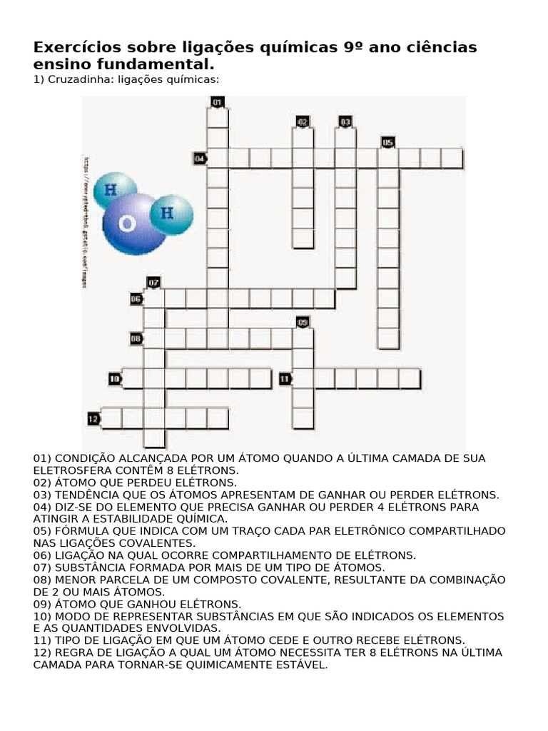 Exercícios sobre Ligações Químicas 9º Ano | PDF | Ligação química | Elétron