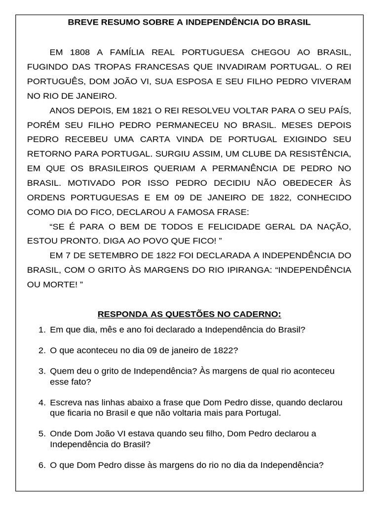 Resumo da Independência do Brasil | PDF