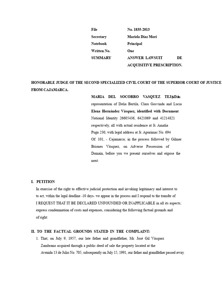 Response To Lawsuit For Acquisitive Prescription | PDF | Lawsuit ...