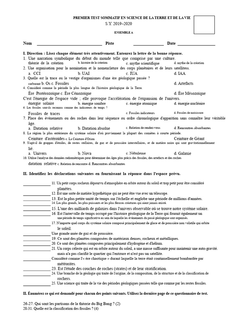 Test Sommatif en Sciences de la Terre | PDF | Système solaire | Soleil
