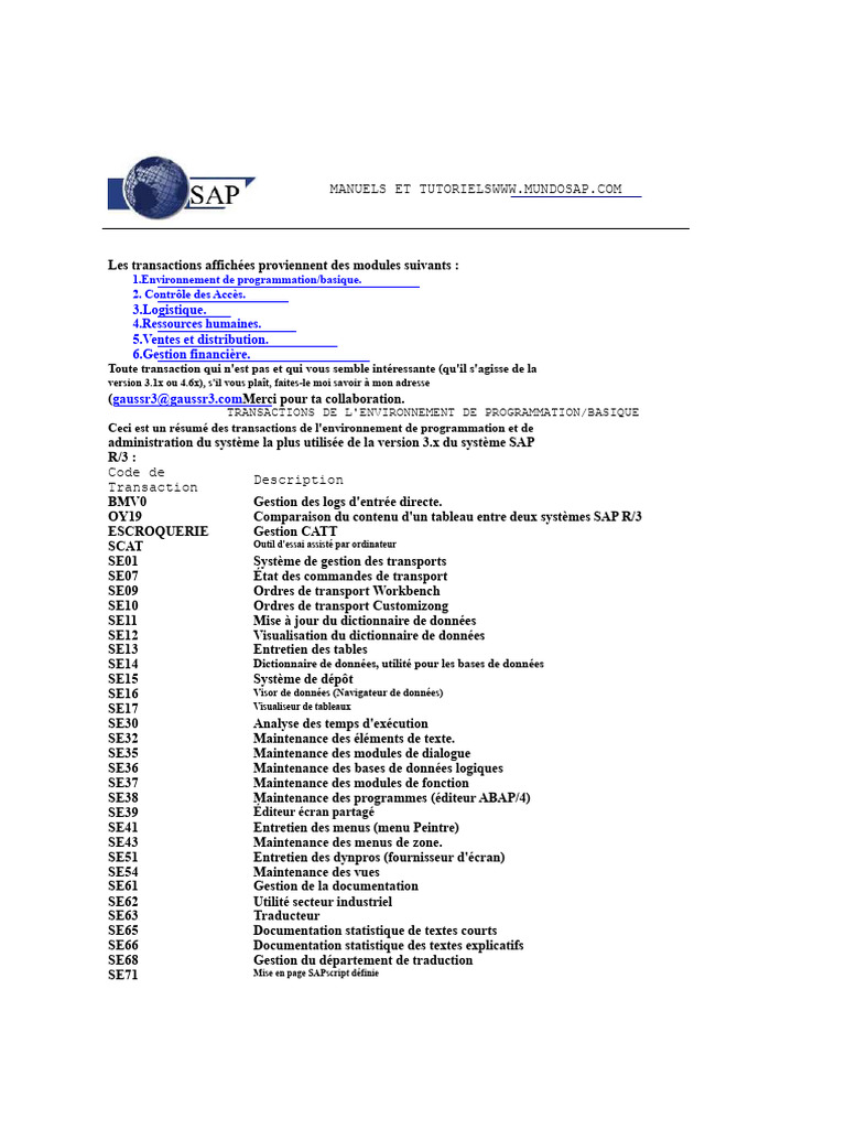 Transactions SAP R/3 : Guide Complet | PDF | Traductions | Informatique