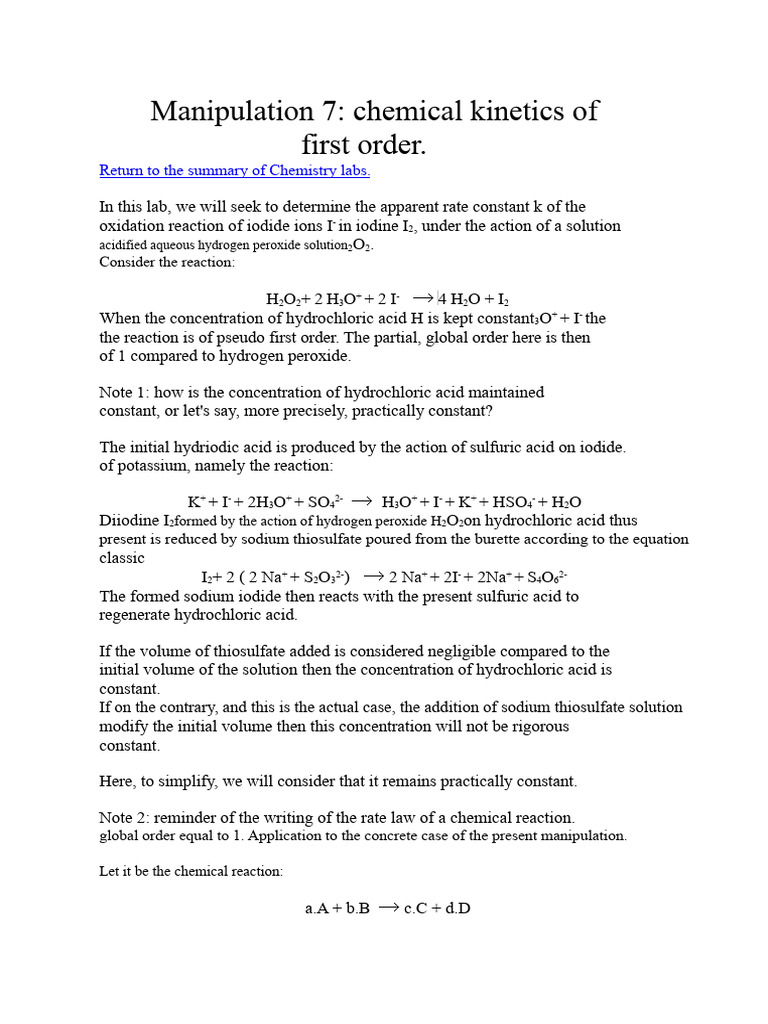 First Order Reaction Kinetics Lab Guide | PDF | Physical Sciences ...