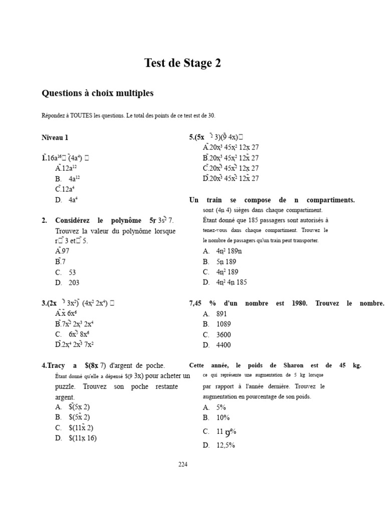 Test de mathématiques niveau 2 | PDF | Mathématiques