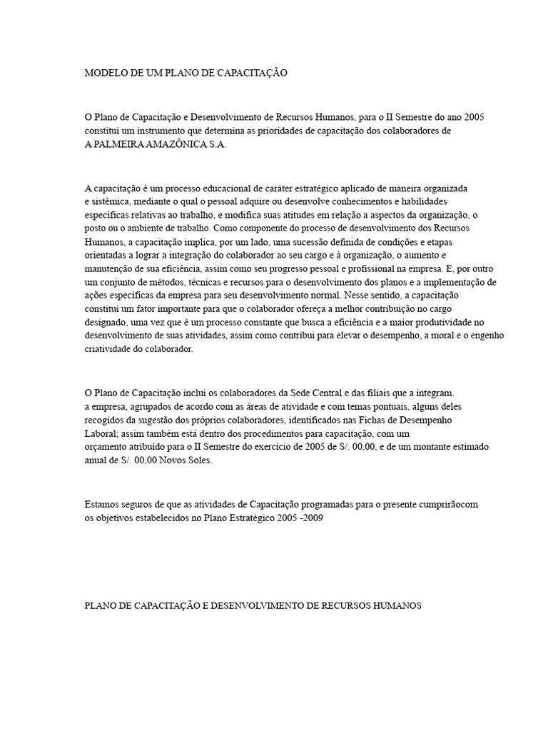 Plano de Capacitação 2005 - Recursos Humanos | PDF | Gestão de recursos ...