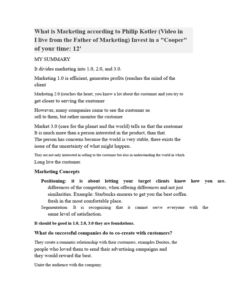 What Is Marketing According To Philip Kotler SUMMARY OF VIDEO | PDF