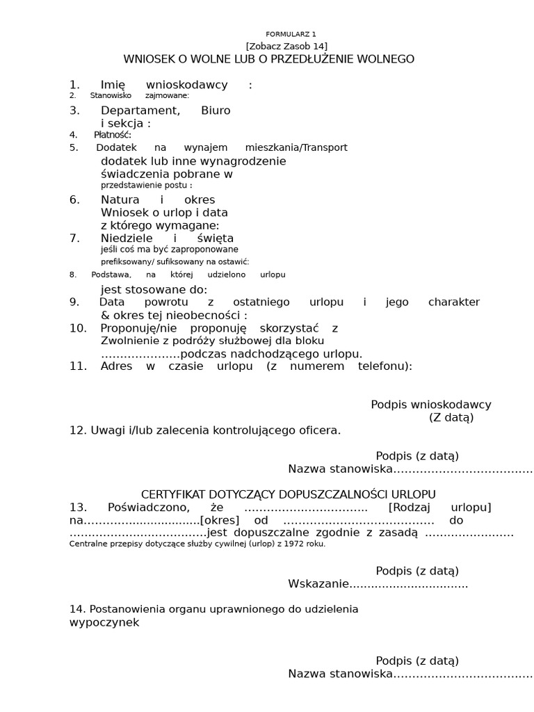 Formularz Urlopu Wypoczynkowego I Wyjazdu | PDF