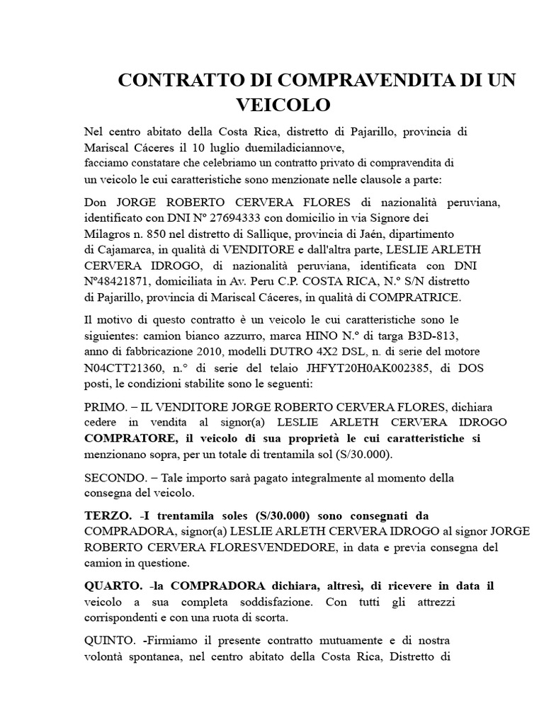 Contratto Di Compravendita Di Un Veicolo | PDF