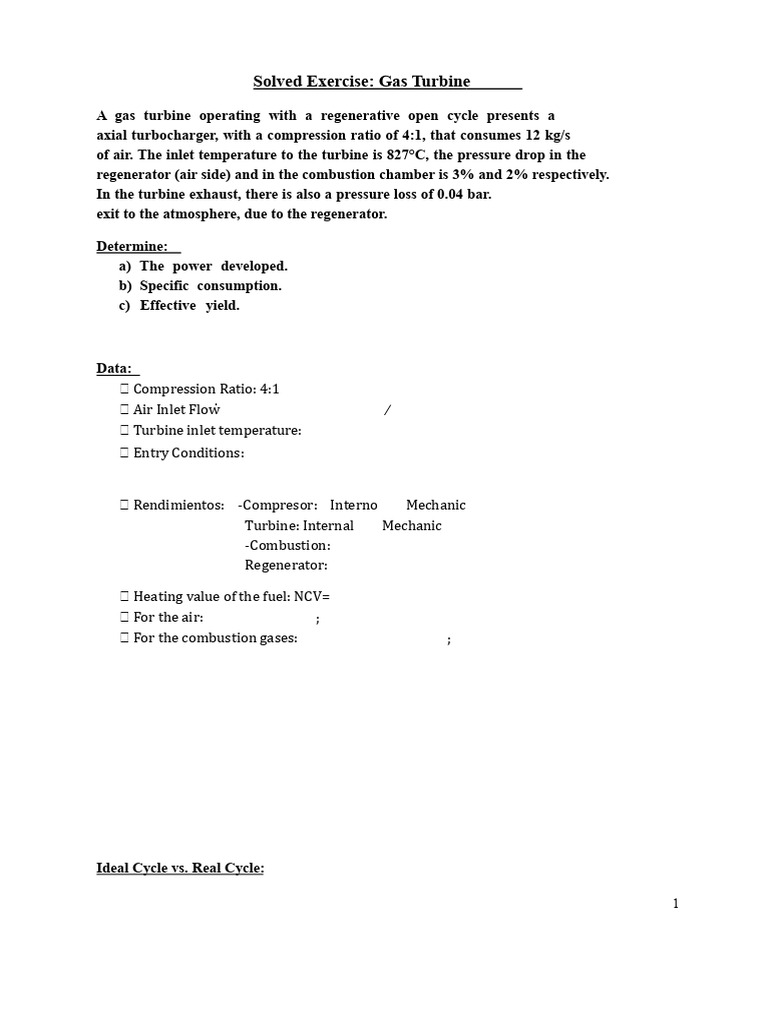 Solved Exercise Gas Turbine Problem Pdf Combustion Gases