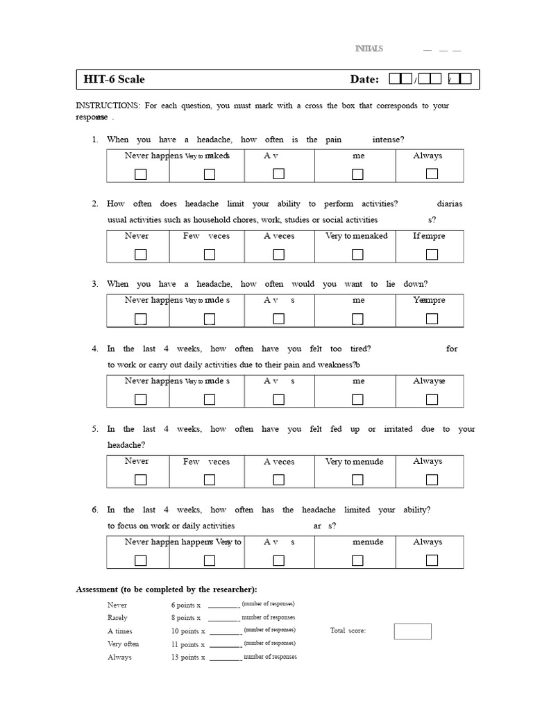 HIT-6 Headache Impact Assessment Tool | PDF | Headache | Pain