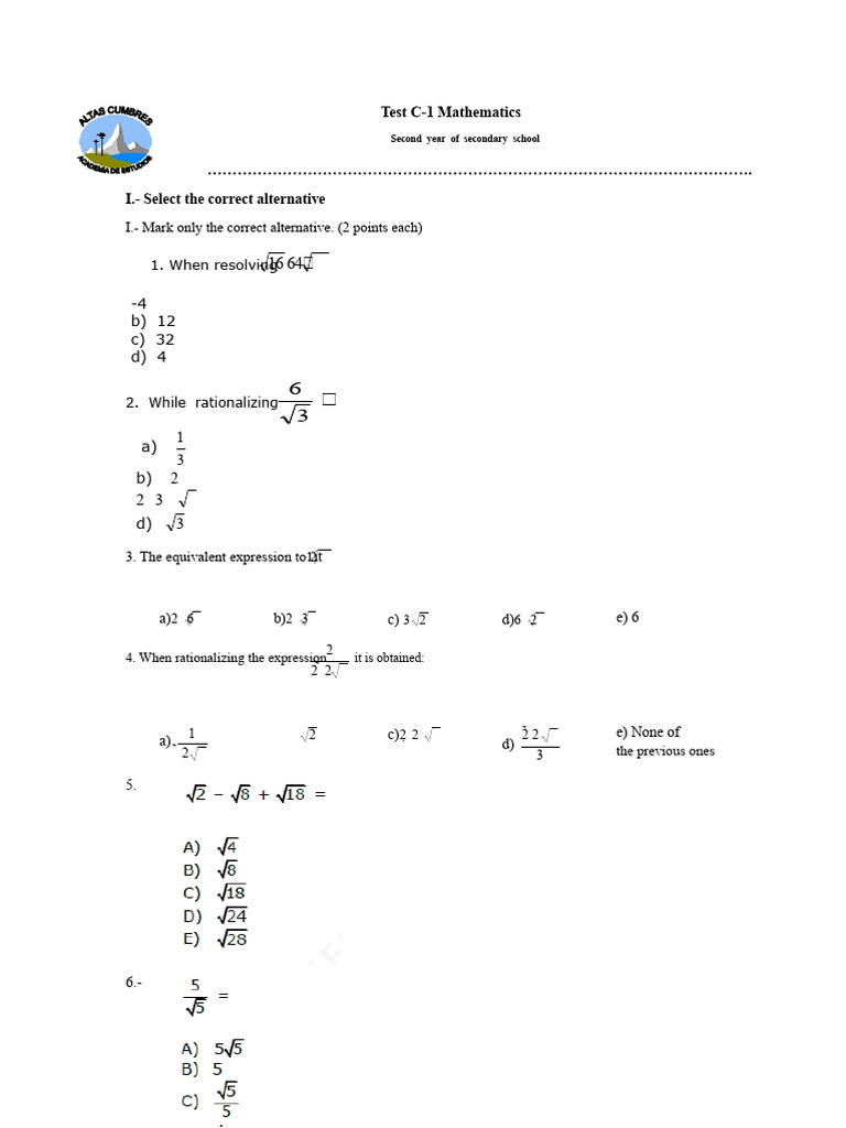 Roots Test for Secondary Mathematics | PDF