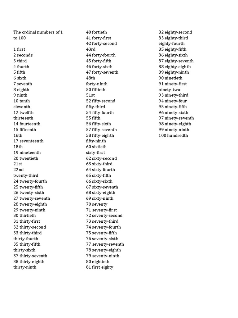 The Ordinal Numbers From 1 To 100 | PDF