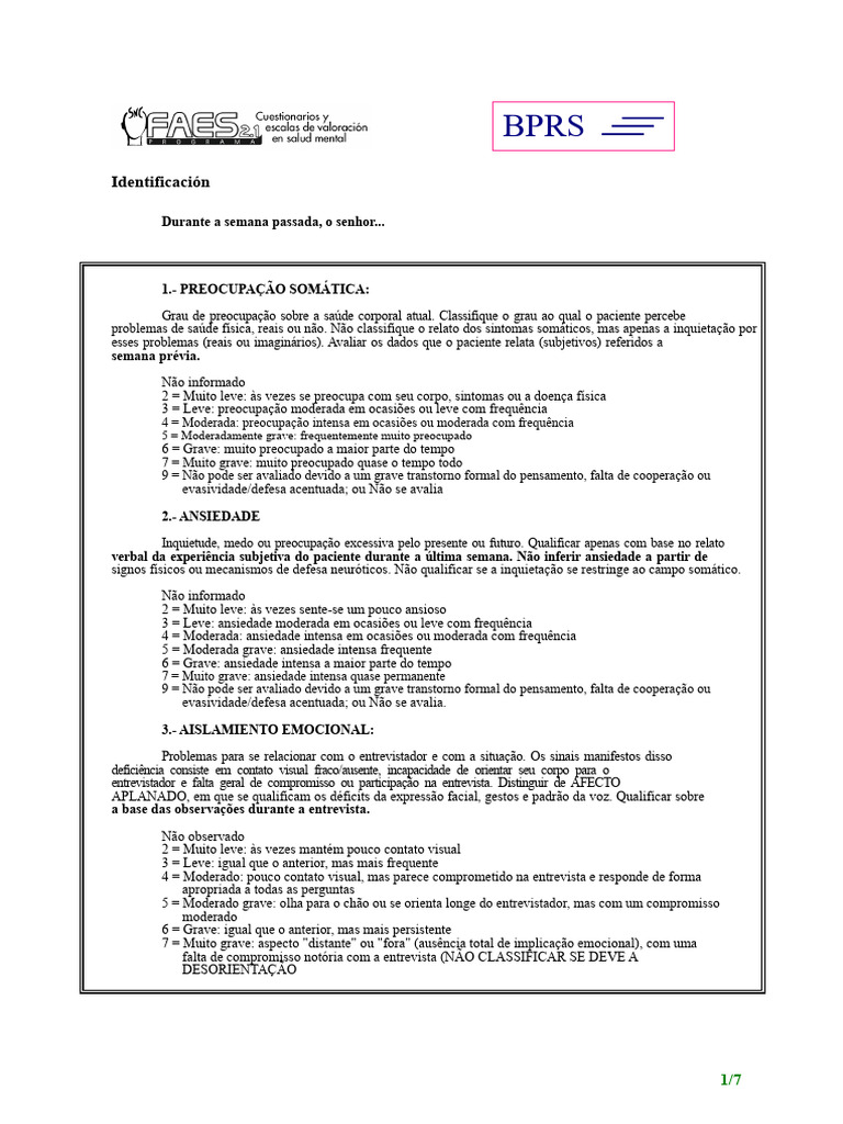 Avaliação de Sintomas Psicológicos BPRS | PDF | Ilusão | Depressão
