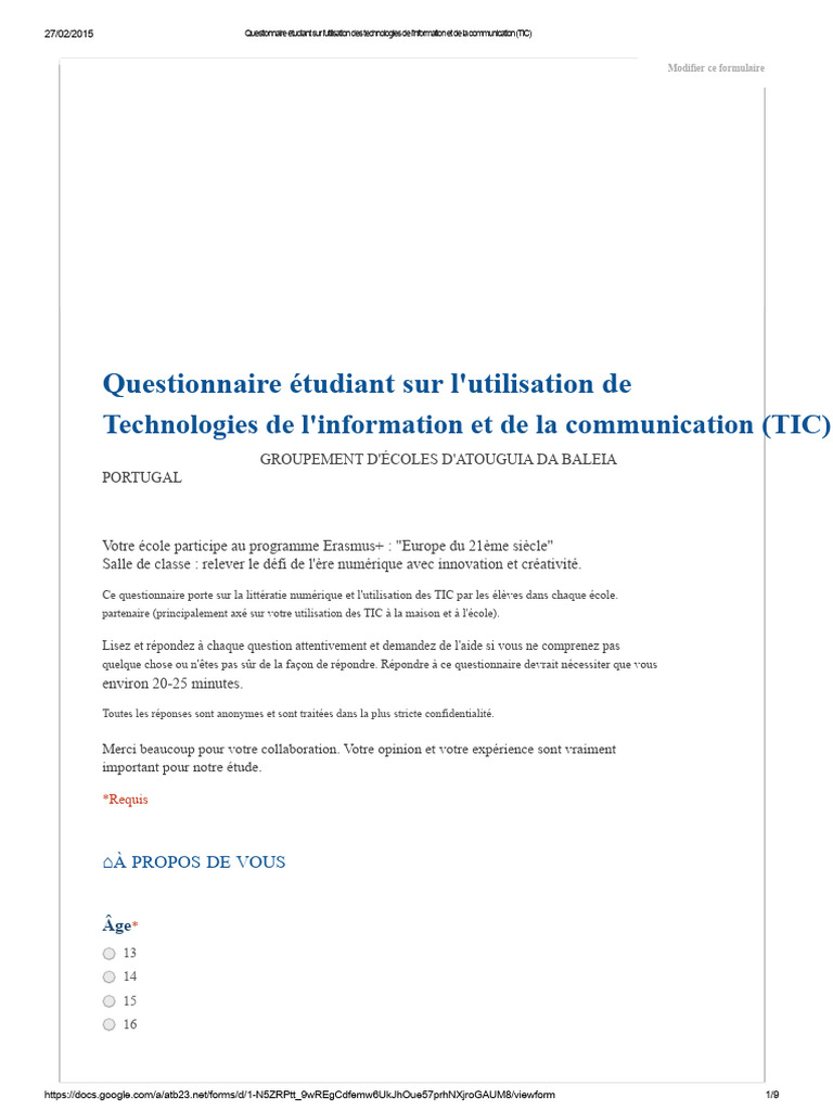 Questionnaire sur l'utilisation des TIC par les élèves | PDF | Internet ...