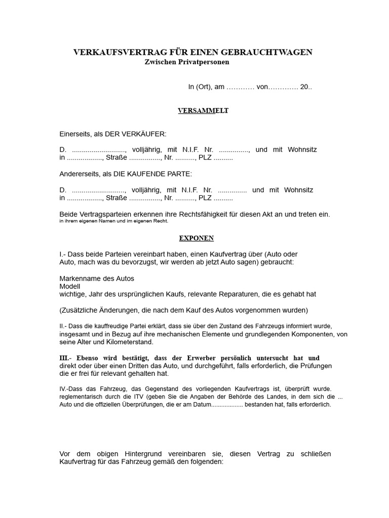 Kaufvertrag Für Ein Auto | PDF