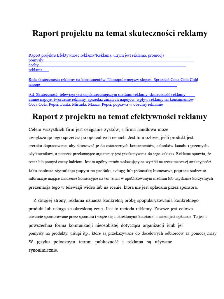 Raport Projektu Na Temat Skuteczności Reklamy | PDF
