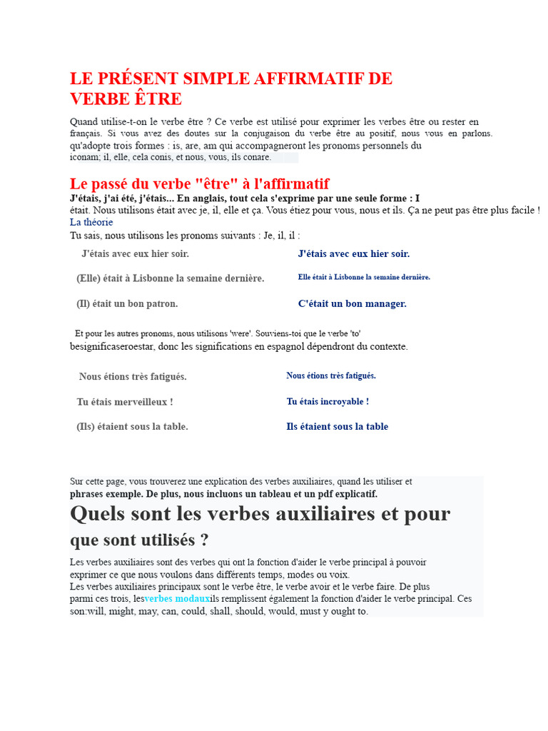 Présent simple affirmatif du verbe être | PDF | Verbe | Morphologie