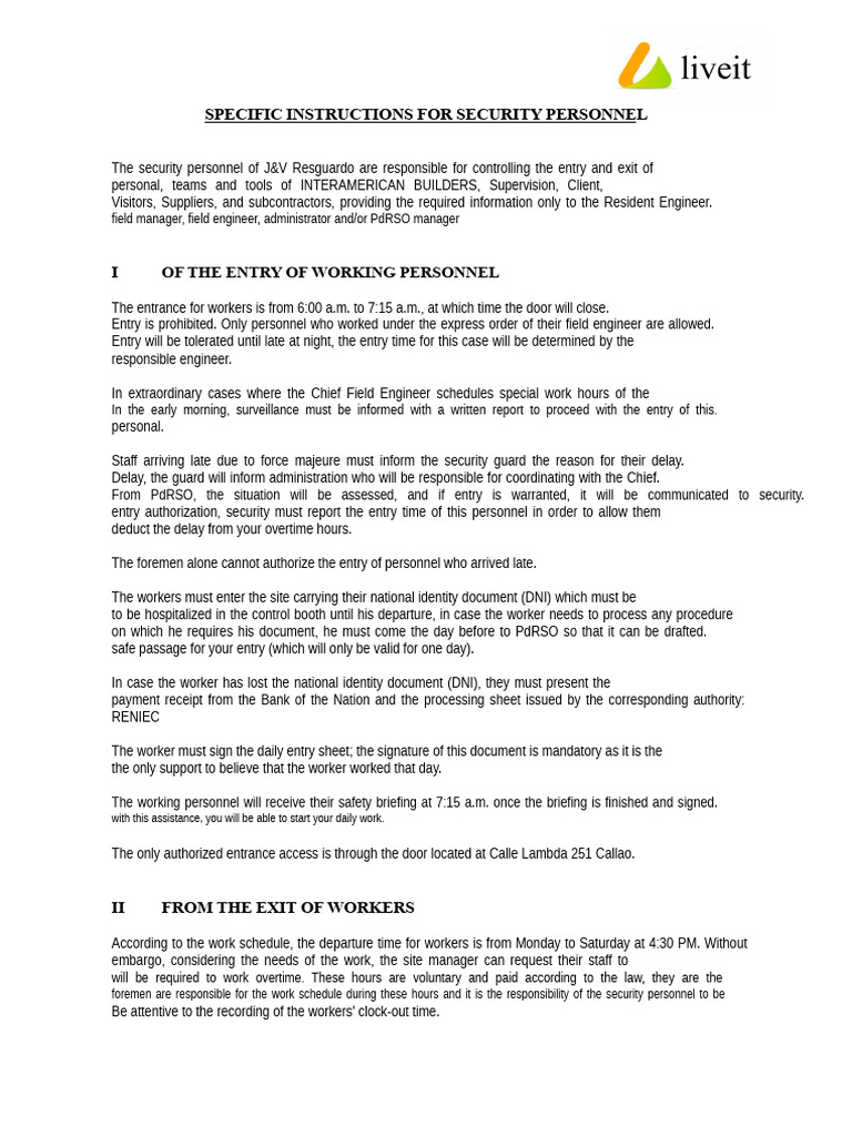 Specific Instructions For Security Personnel | PDF | Identity Document ...