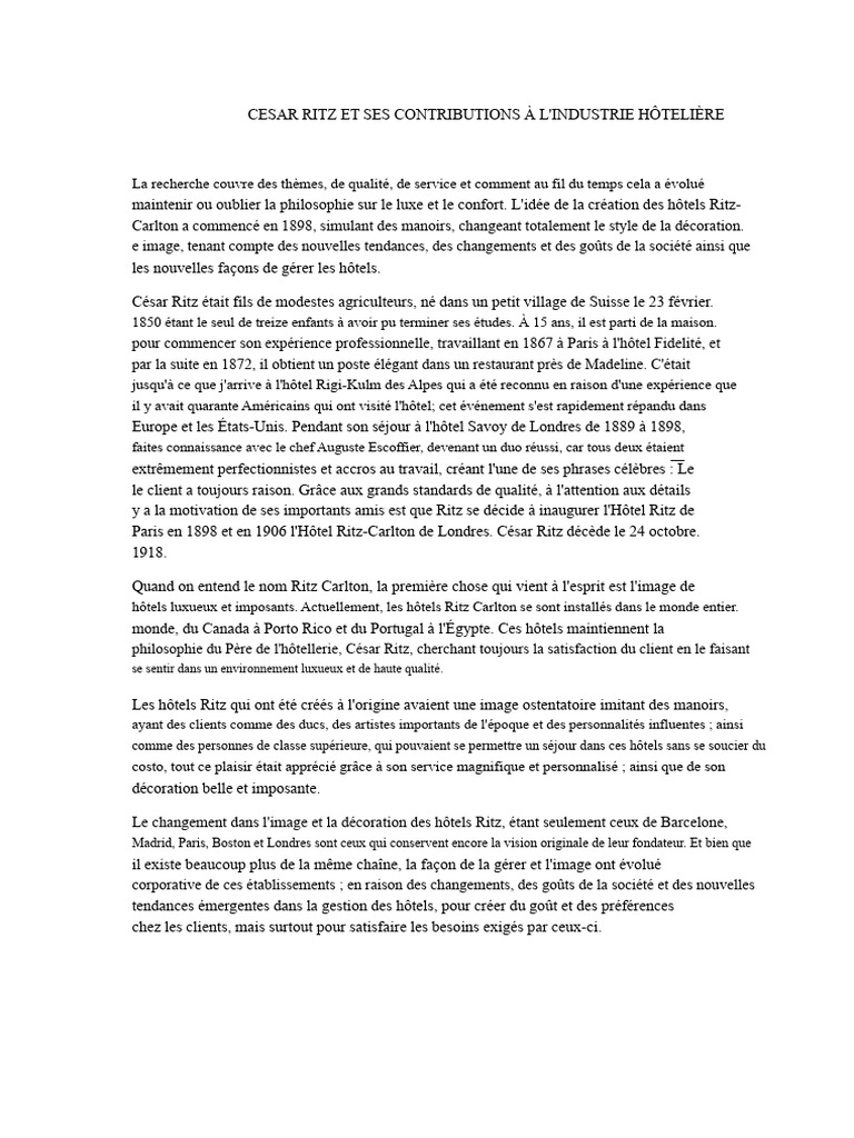 César Ritz : Pionnier de l'Hôtellerie | PDF | Hôtellerie