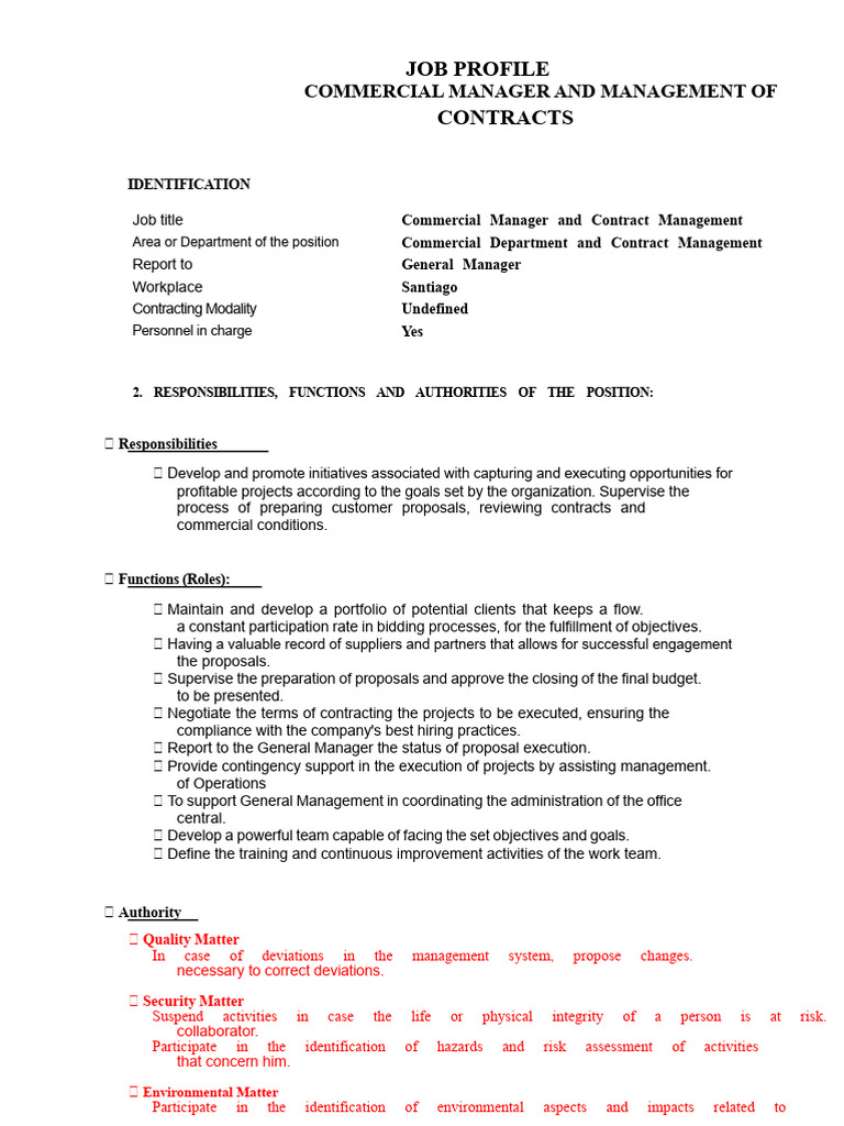 Job Profile - Commercial Manager and Contract Management | PDF | Risk ...