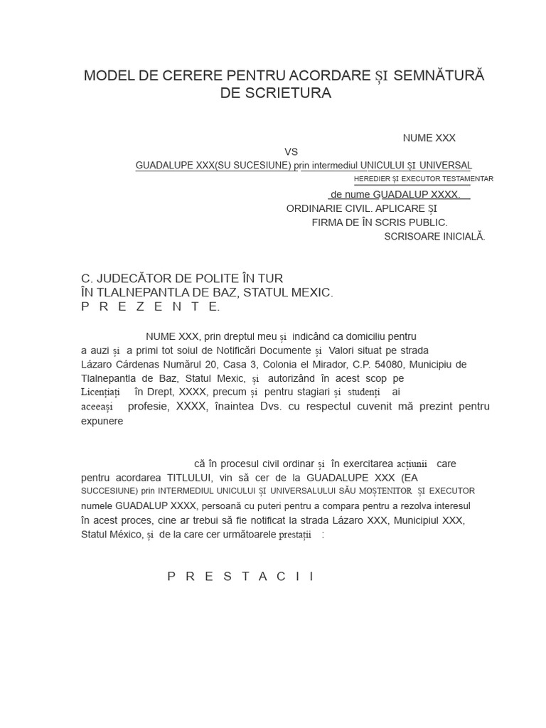 Model de Cerere Pentru A Oferi Și A Semna Un Act Notarial | PDF