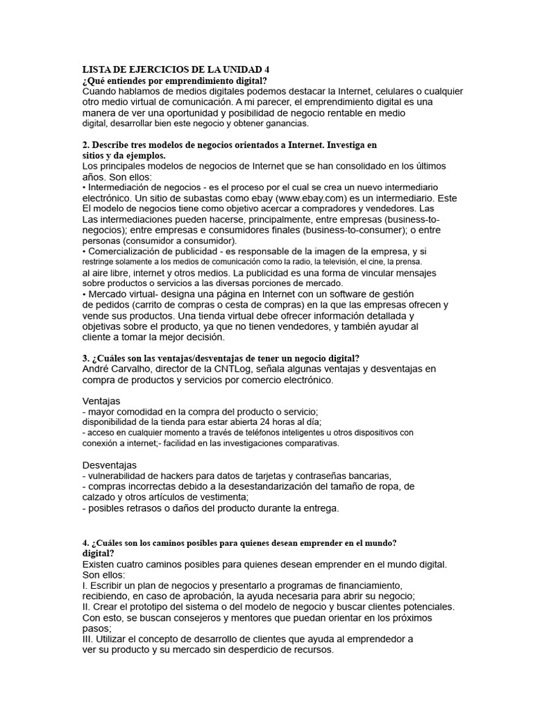 LISTA DE EJERCICIOS DE LA UNIDAD 4 Emprendimiento | PDF | Iniciativa ...