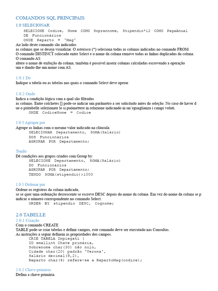 Comandos SQL Essenciais e Exemplos | PDF | SQL | Bancos de dados