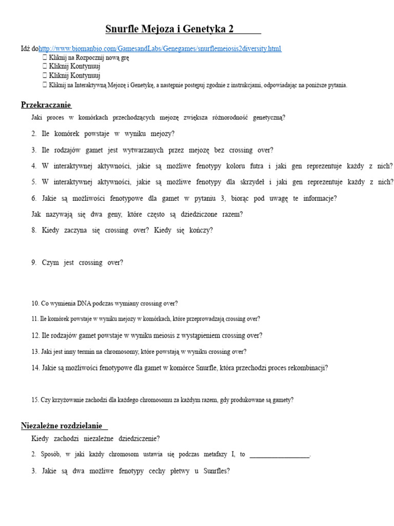Snurfle Mejoza I Genetyka 2 Arkusz Roboczy | PDF