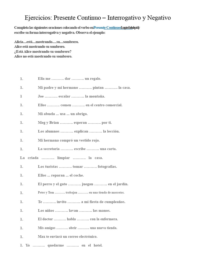 Ejercicios de Presente Continuo en Inglés | PDF