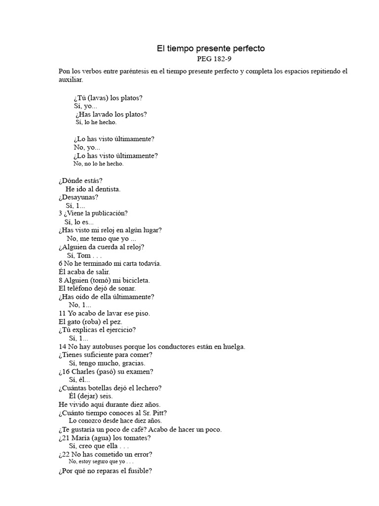 Ejercicios de Presente Perfecto en Español | PDF