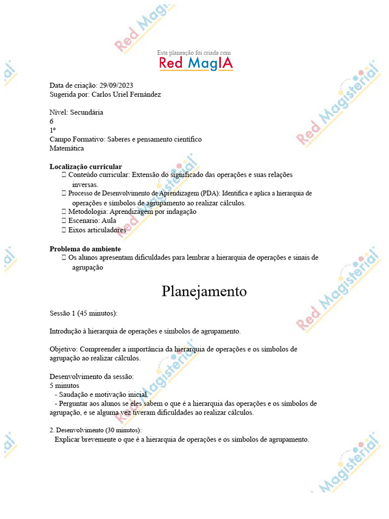 Planejamento de Aula: Hierarquia de Operações | PDF | Matemática ...