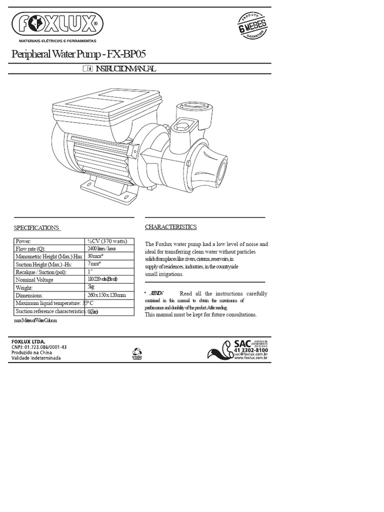 Peripheral Water Pump Manual 05hp | PDF | Pump | Valve