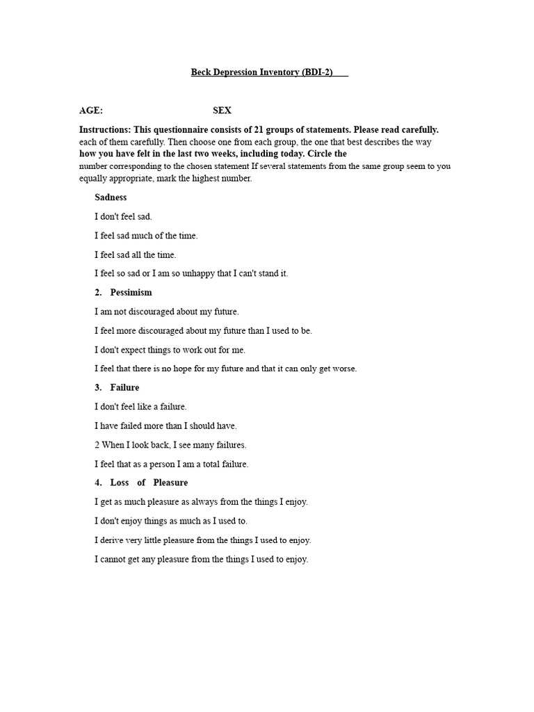 Beck Depression Inventory | PDF | Emotions | Psychology