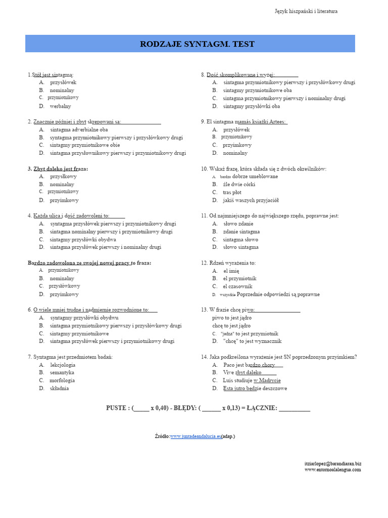 Rodzaje Syntagm. Test PDF | PDF