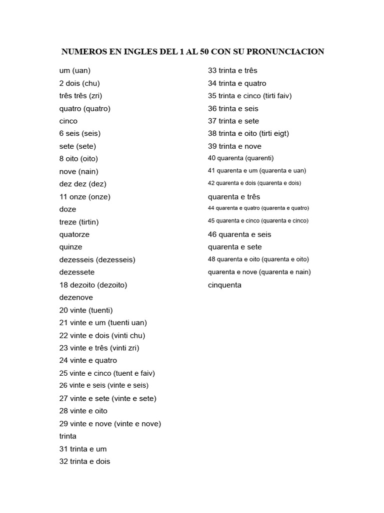 Números de 1 a 50 em Inglês | PDF