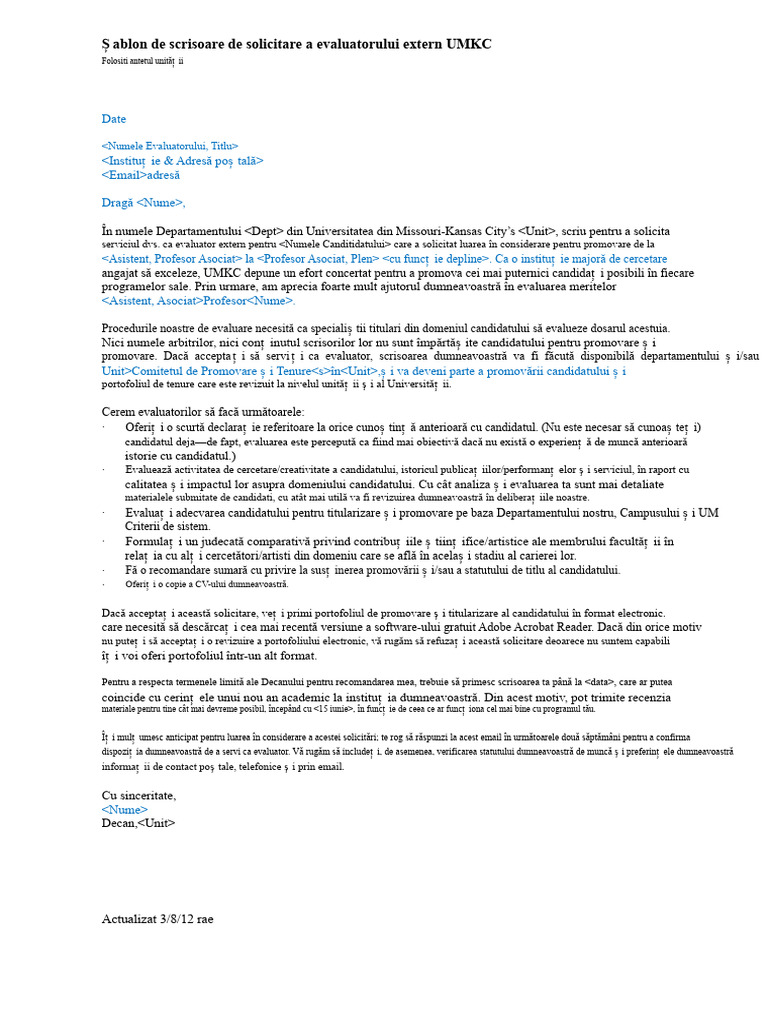 Scrisoare de Solicitare Pentru Evaluator Extern - Model 1 | PDF