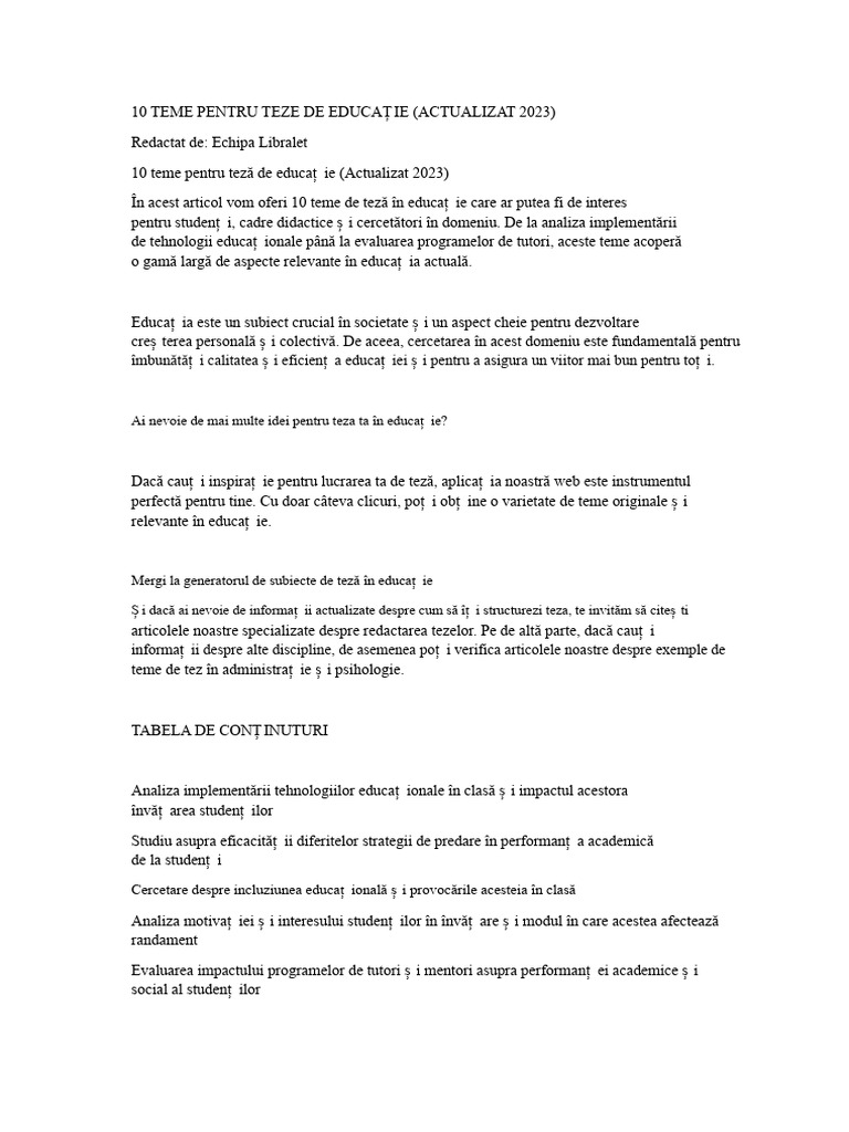 10 Teme Pentru Teze de Educație | PDF