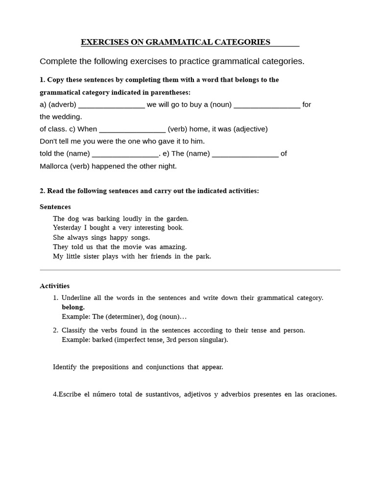 Grammatical Categories Exercises | PDF