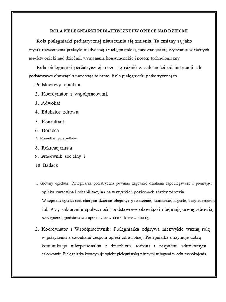 Rola Pielęgniarki Pediatrycznej W Opiece Nad Dziećmi | PDF