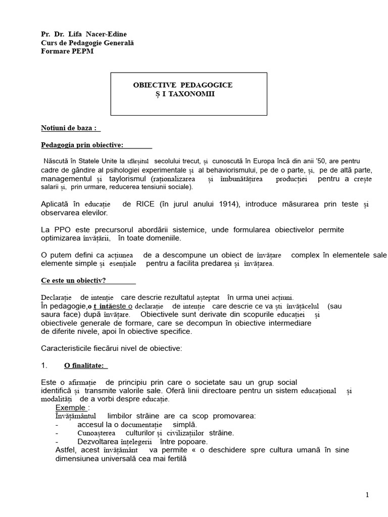 1 Obiectivele Pedagogice Pepm Pentru Lifa | PDF