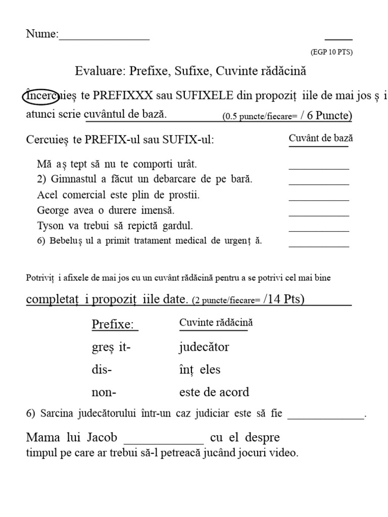 Evaluare Prefix, Sufix, Cuvânt Rădăcină 1 | PDF