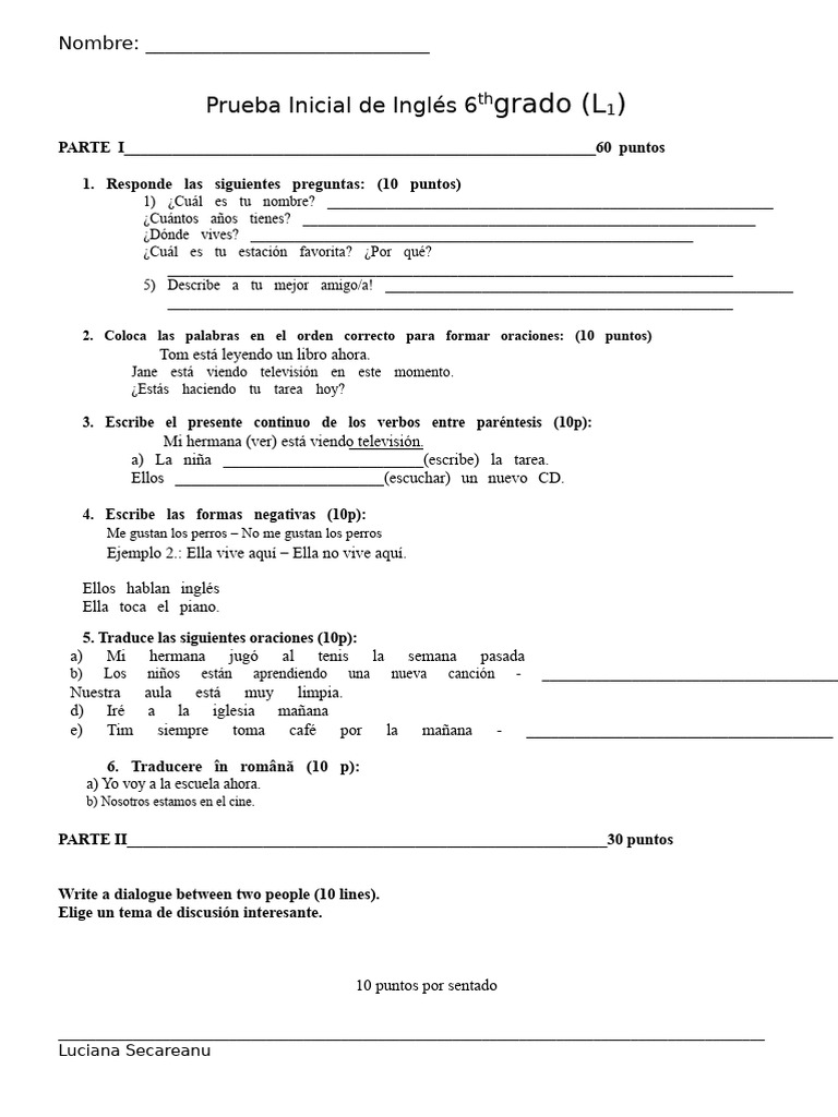 Prueba Inicial de Inglés para 6º Grado | PDF | Verbo | Léxico