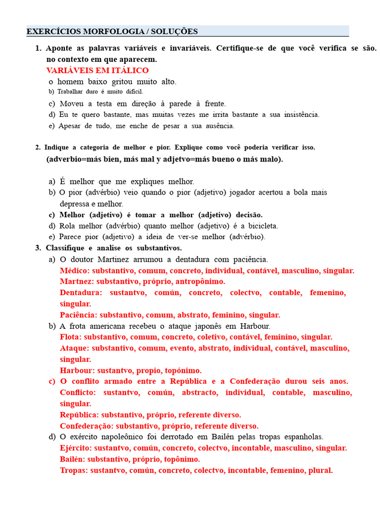 Exercícios de Morfologia e Análise Linguística | PDF | Pronome ...