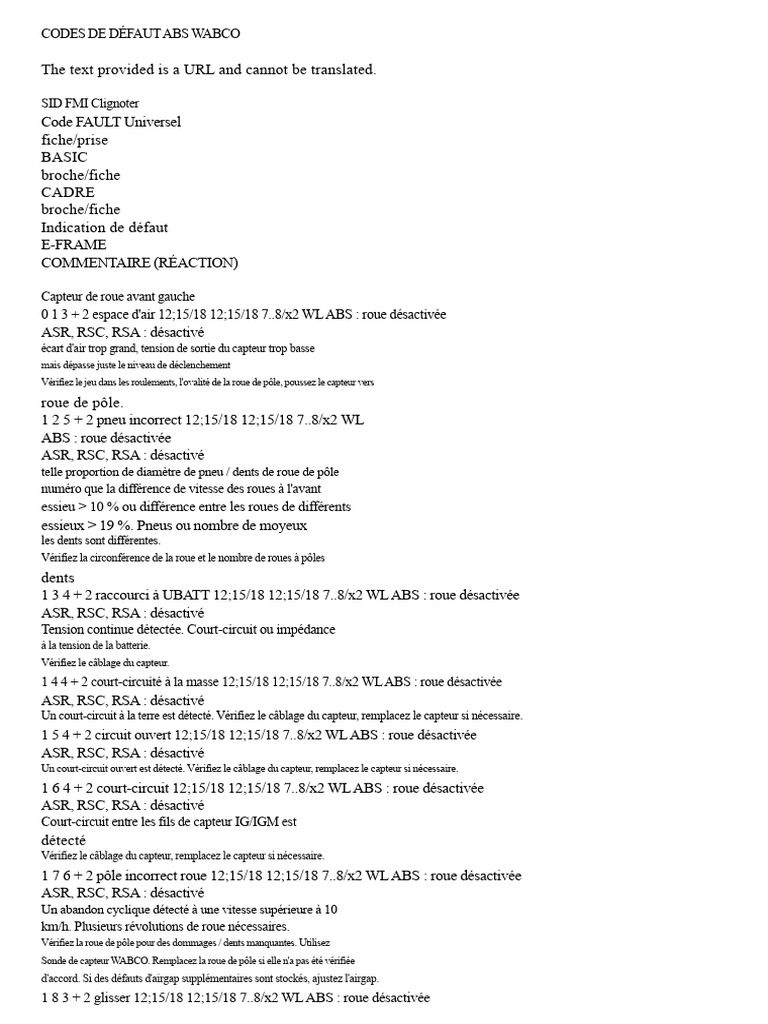 Codes de défaut ABS WABCO | PDF | Système anti-blocage des roues ...