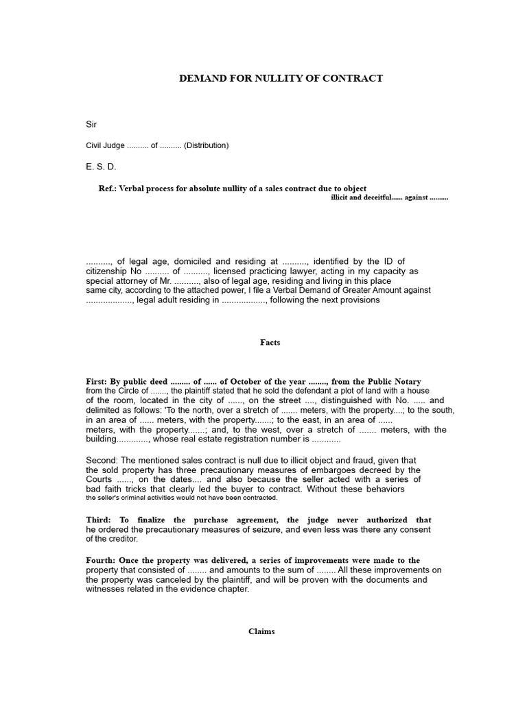 Nullity of Sales Contract Demand | PDF | Damages | Deed